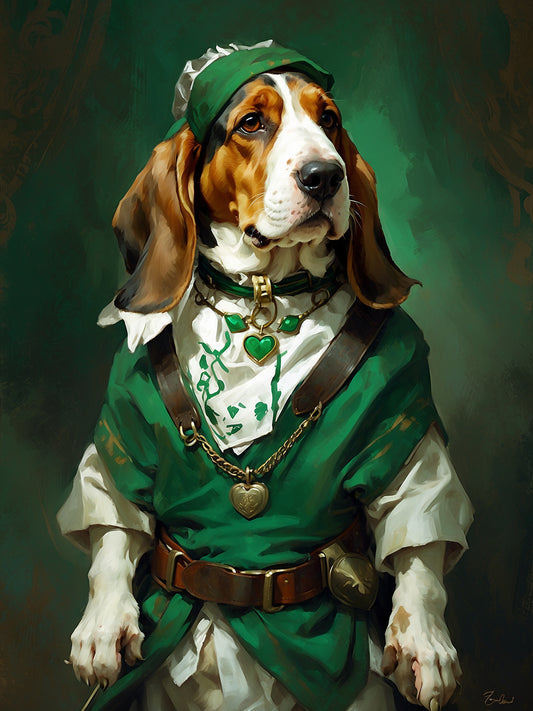 The Basset Hound dog Bard: Clad in a tunic of emerald green, this Basset Hound wears a wide leather belt with a lyre emblem. A feathered cap and a scarf tied around its neck add flair to its poetic demeanor.