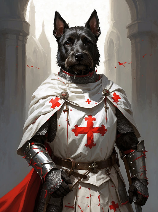 The Scottish Terrier Knight Templar: Dressed in a white tunic with a red cross, this Scottie's armor shines beneath. A chainmail coif and a sword with a jeweled pommel speak of crusades and battles fought in distant lands.
