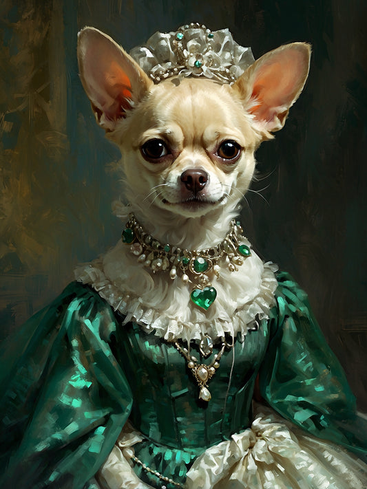 The Chihuahua Court Lady: Adorned in a brocade dress with a tight bodice and a full skirt, this Chihuahua boasts a lace fan and a necklace of fine emeralds. A delicate coronet rests atop its head, denoting nobility. her paws is wearing ring