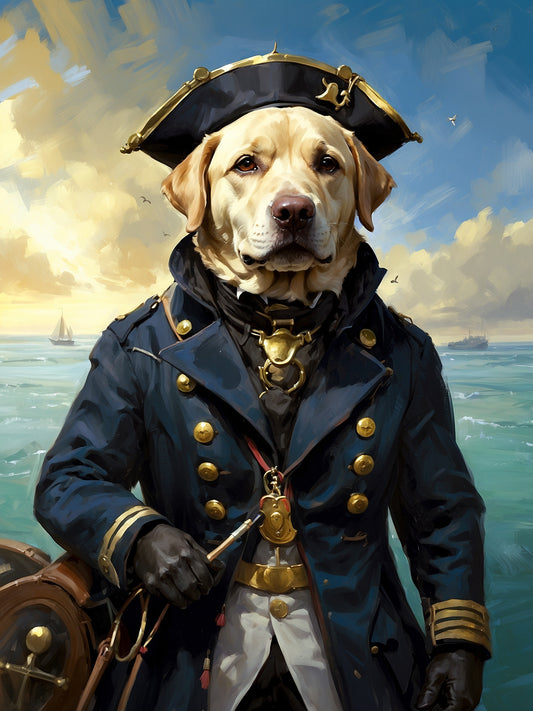 The Labrador Retriever Sea Captain: Dressed in a navy coat with brass buttons and a tricorn hat, this Labrador navigates with a sextant. A spyglass hangs from its neck, and a map is tucked under one arm, ready to set sail.