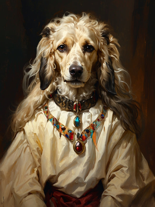 The Afghan Hound Poet: Wearing a billowing shirt and a velvet doublet, this Afghan Hound has a quill and parchment in paw. A soft cap adorned with a single, large jewel rests lightly on its head, evoking a muse's inspiration.