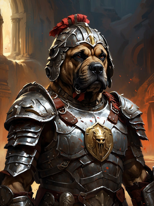 The Mastiff Gladiator: Wearing armor and a helmet with a crest, this Mastiff stands in a colosseum. A shield bearing the emblem of its legion rests at its side, and a short sword is belted at its waist.
