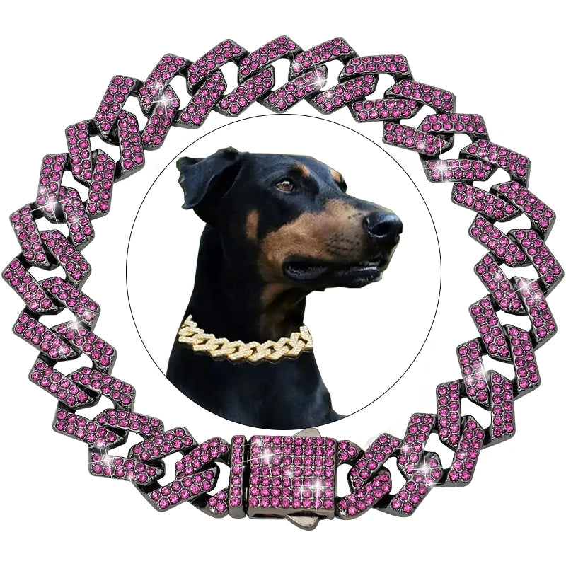 15MM Dogs Cats Chain Pet Cuban Collar Jewelry Diamond Cuban Collar  Walking Metal Chain Collar