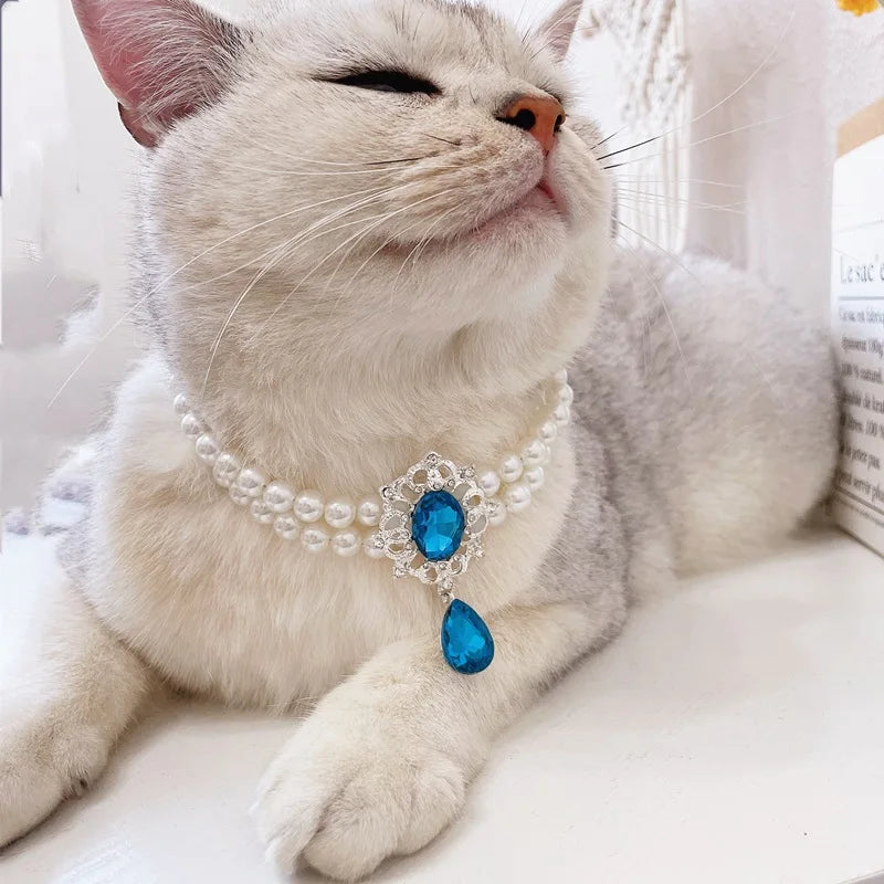 2 Rows Pet Pearls Collar Adjustable Puppy Dog Rhinestone Jewelry Necklaces with Luxury Crystal Accessories for Small Dogs Cats