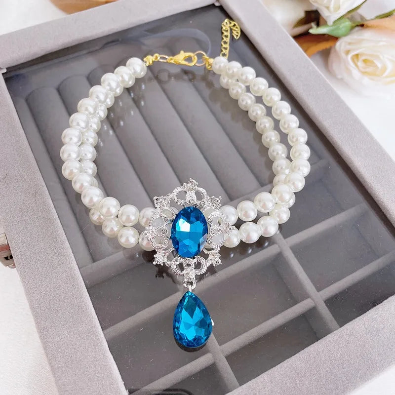 2 Rows Pet Pearls Collar Adjustable Puppy Dog Rhinestone Jewelry Necklaces with Luxury Crystal Accessories for Small Dogs Cats