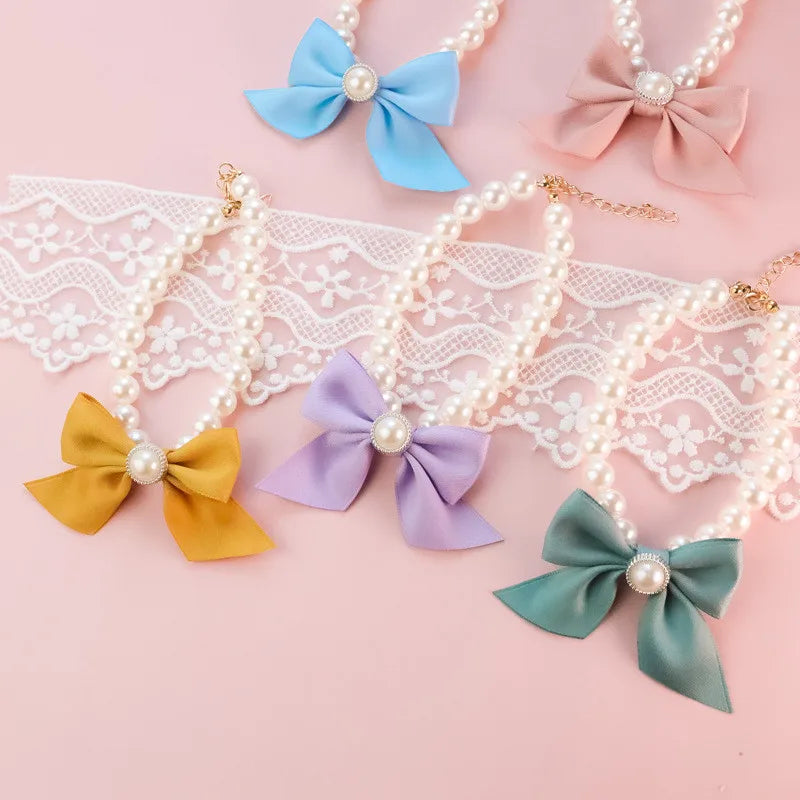 1Pcs New Pet Collar Pearl Bow Necklace Cat Jewelry Cute Collar Puppy Accessories Dog Chain Chihuahua Wedding Jewelry Stuff