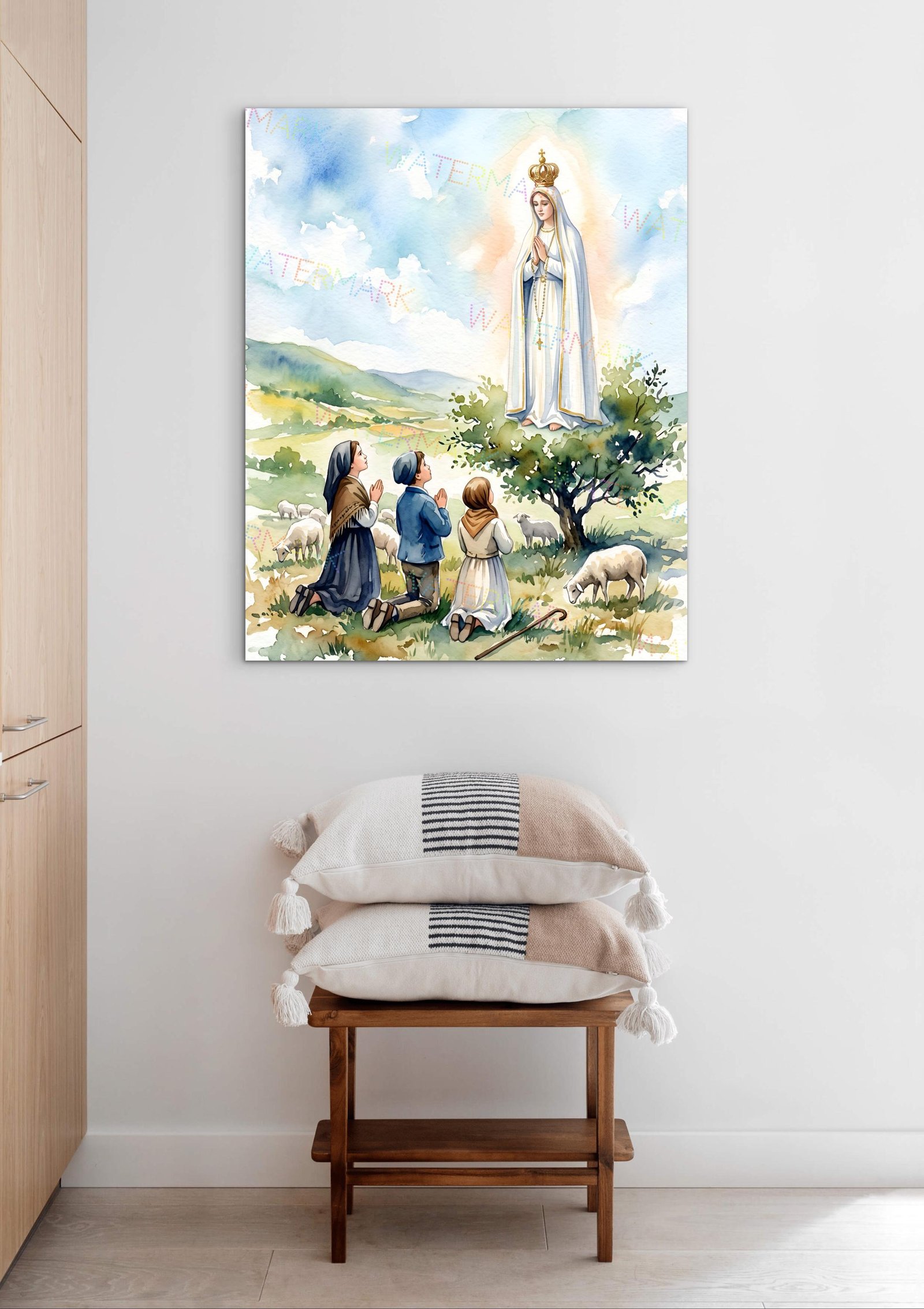 Our Lady of Fatima Watercolor Print, Marian Catholic Wall Art, Heavenly Blue Printable Decor