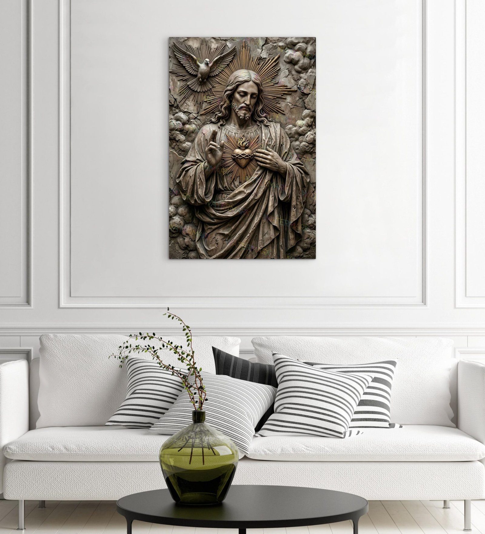 Sacred Heart of Jesus Canvas | Stone Statue Style Catholic Art - Image 2