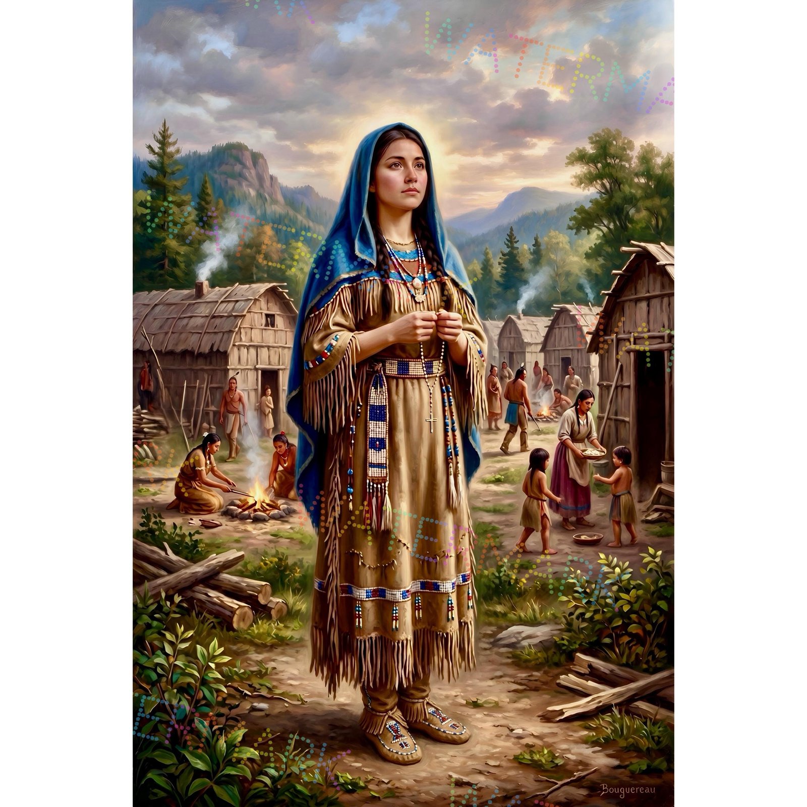 May include: An artistic painting depicts a Native American woman in traditional attire, standing in a village setting. She wears a blue shawl, beaded necklaces, and a fringed dress. The background shows huts, people, and a campfire, evoking a sense of community and heritage.