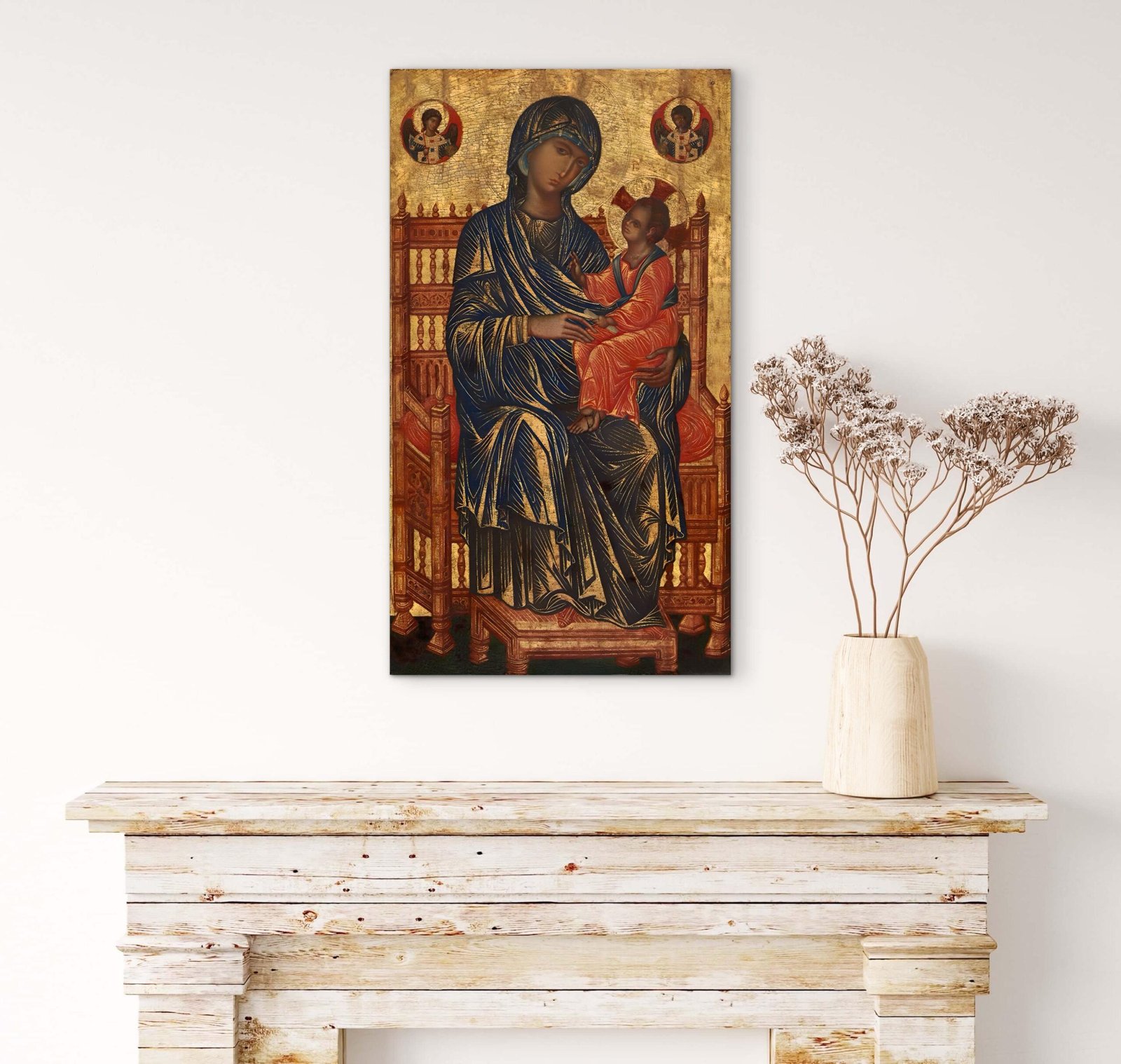 Antique Vintage Madonna and Child Byzantine Icon – 13th Century (Constantinople) Style – Medieval Christian Wall Art Canvas Print - Image 2