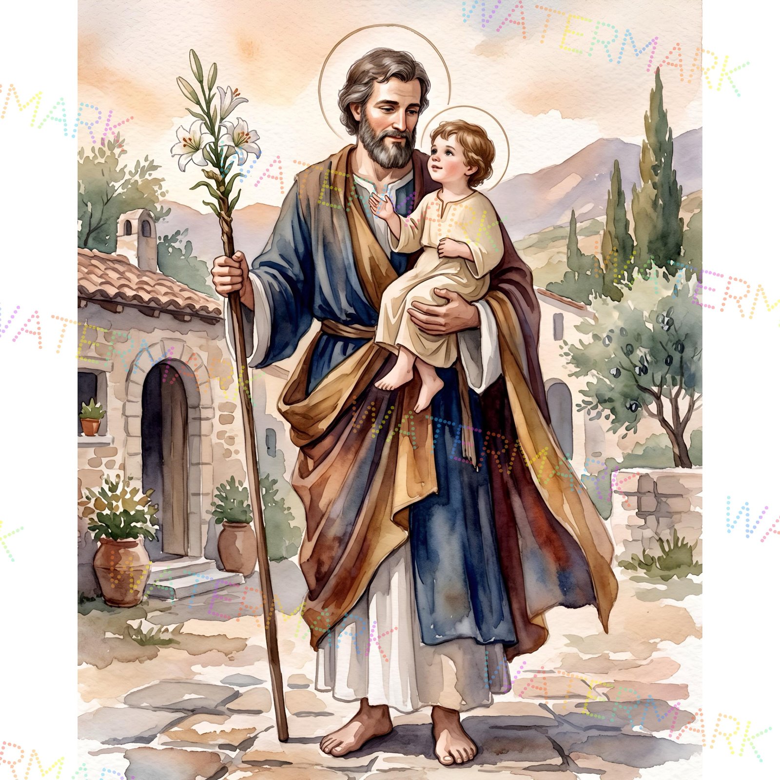 St Joseph Watercolor Print, Catholic Wall Art, Printable Saint Decor, Digital Download - Image 2