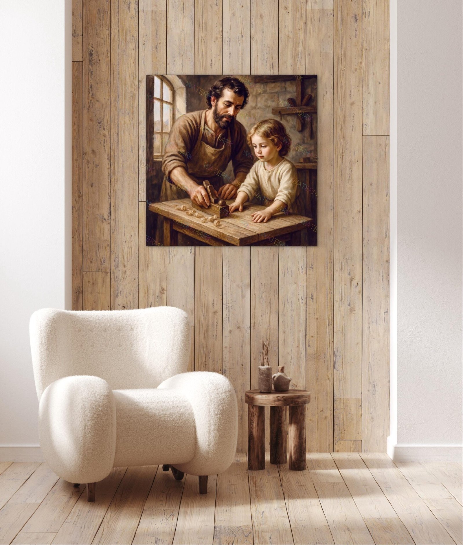St. Joseph the Worker Digital Download | Jesus Learning Carpentry Printable Art | Catholic Wall Decor | Holy Family Artwork
