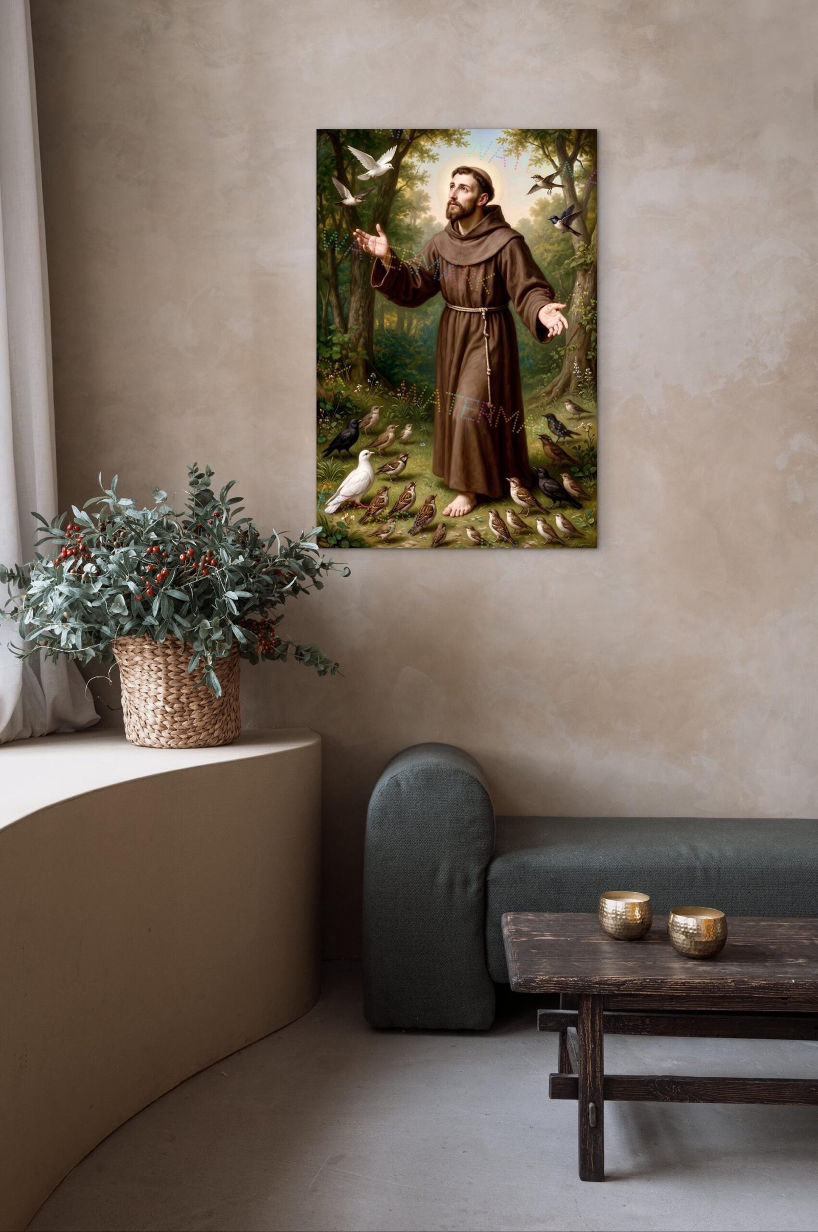 May include: A vertical wall art print depicting a figure in a brown hooded robe standing in a forest clearing with arms outstretched. Numerous birds of various species surround the figure, with some perched on the ground and others in flight.