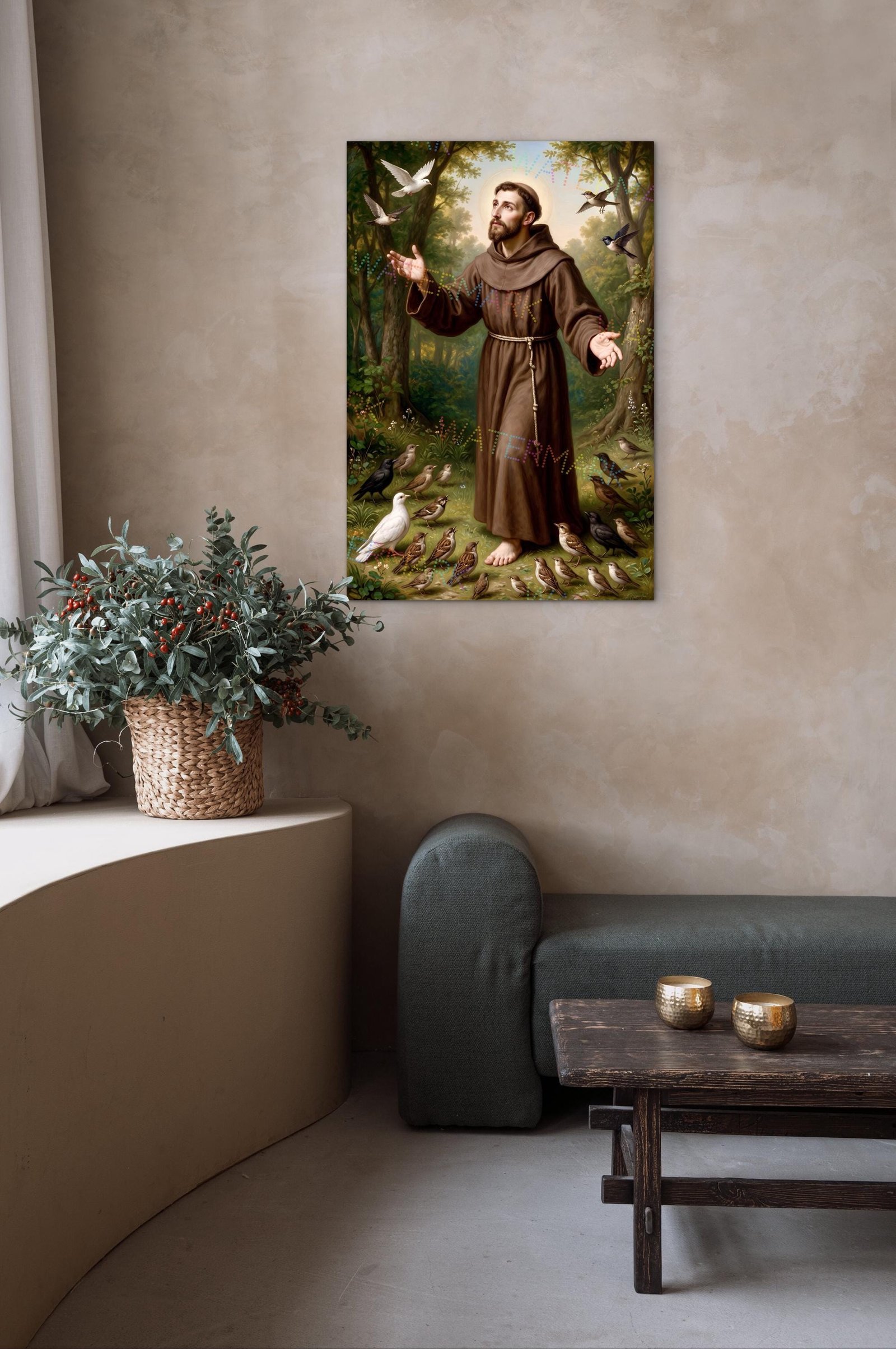 May include: A vertical wall art print depicting a figure in a brown hooded robe standing in a forest clearing with arms outstretched. Numerous birds of various species surround the figure, with some perched on the ground and others in flight.