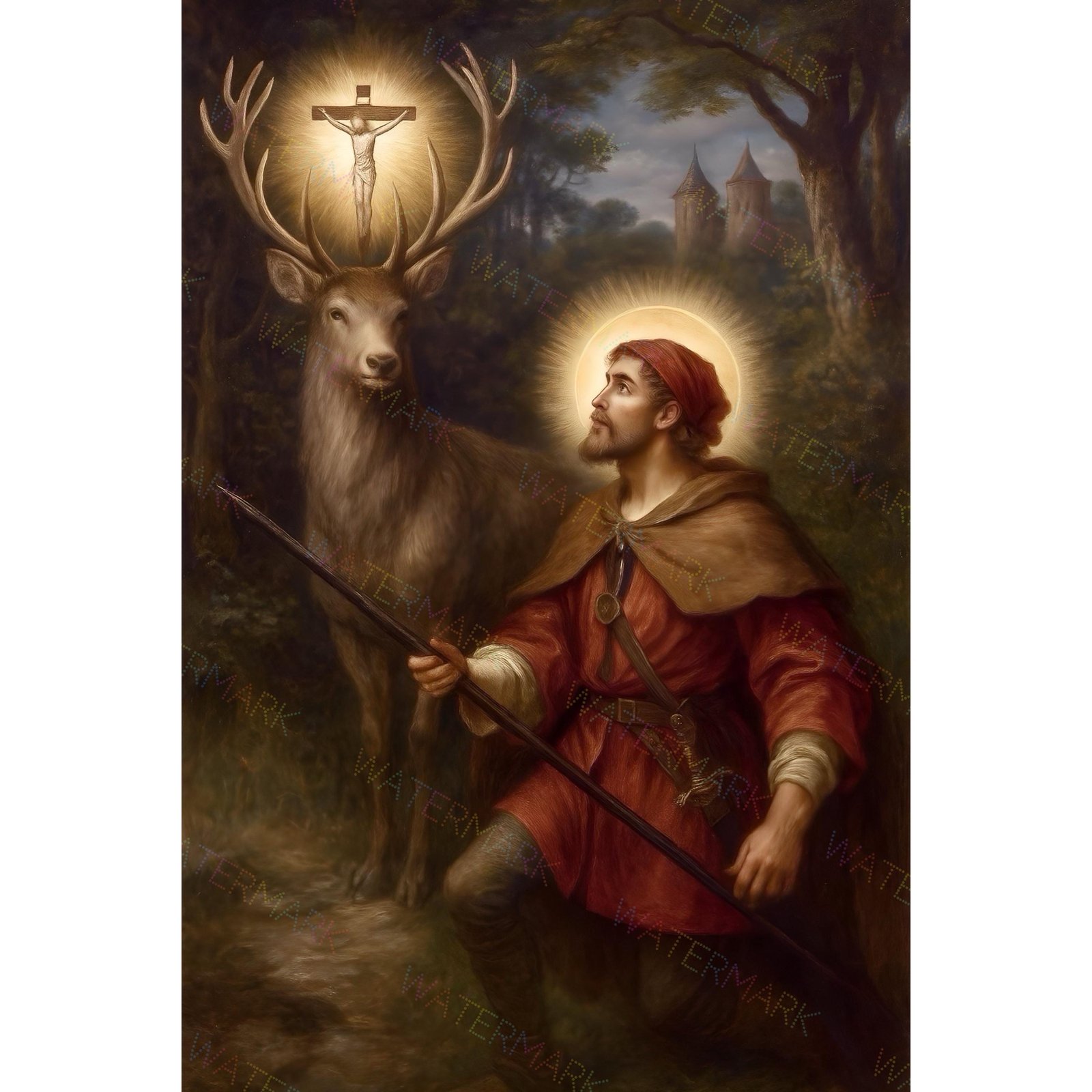 St. Eustace Canvas Art | Patron of Hunters Stag Vision Painting | Catholic Wall Decor | Saint Eustace Religious Artwork for Home
