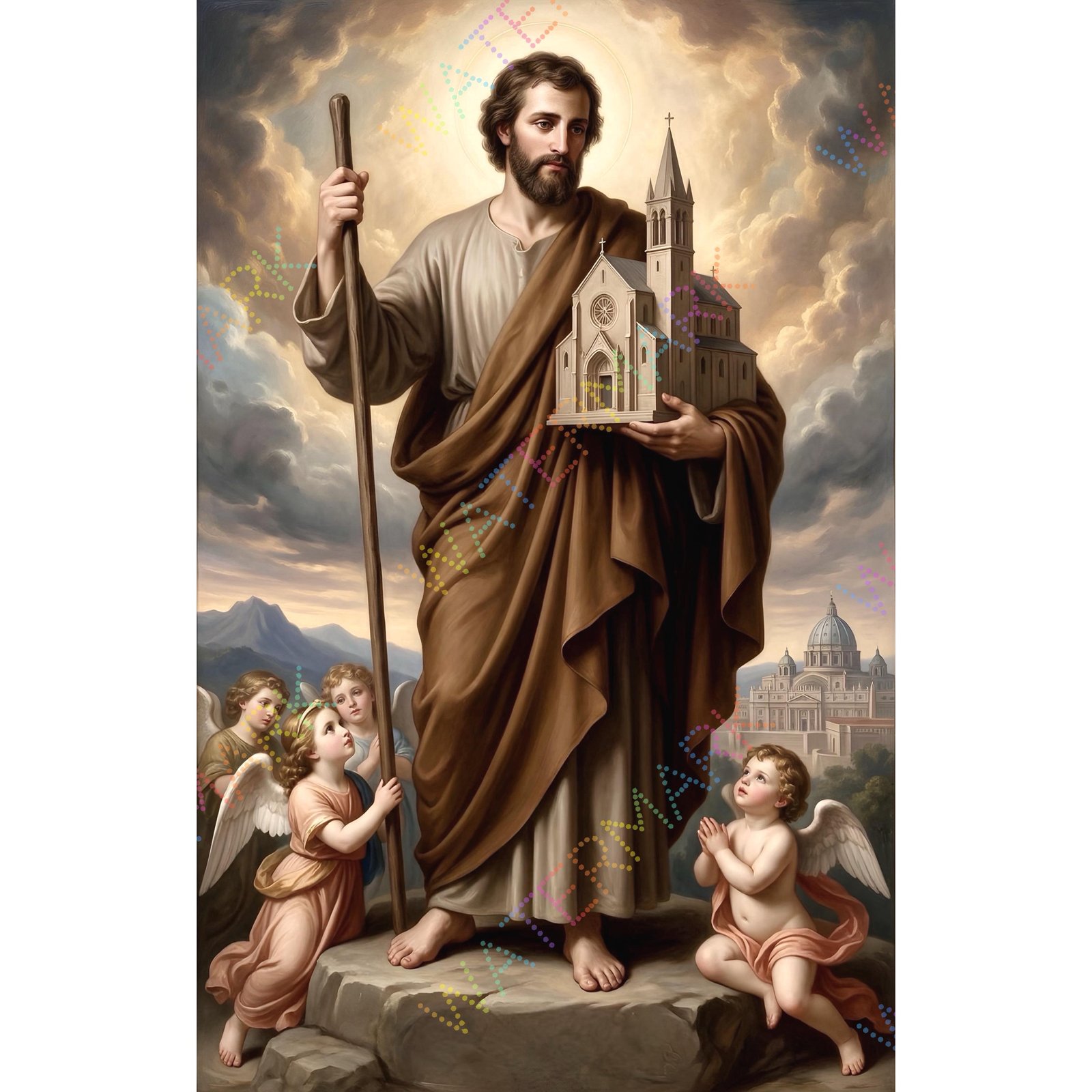 St Joseph Protector of Church Canvas, Catholic Guardian Saint Art Print
