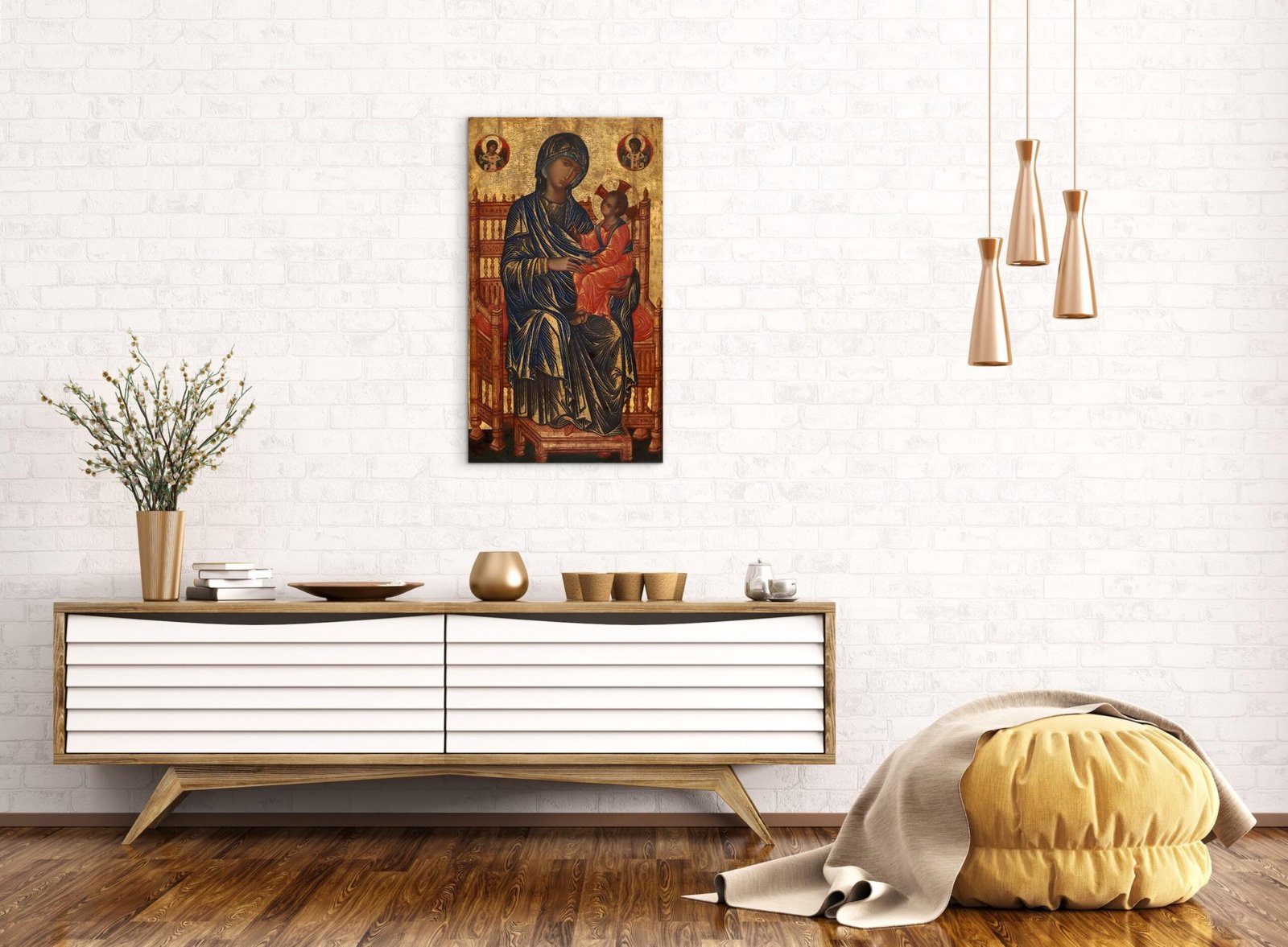 Antique Vintage Madonna and Child Byzantine Icon – 13th Century (Constantinople) Style – Medieval Christian Wall Art Canvas Print - Image 5