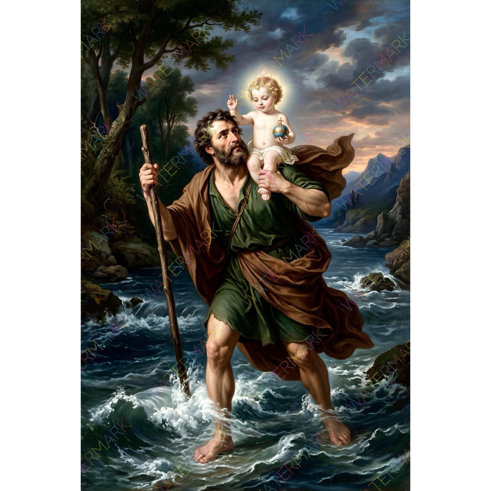 St Christopher Painting on Canvas, Catholic Wall Art, Patron Saint Travel Protection Decor