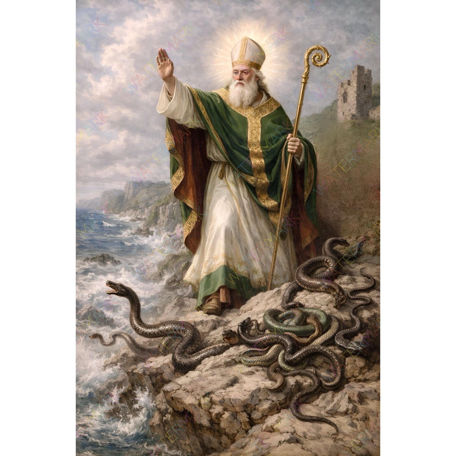 St. Patrick Bishop Canvas, Irish Wall Art, Driving Snakes Out Of Ireland