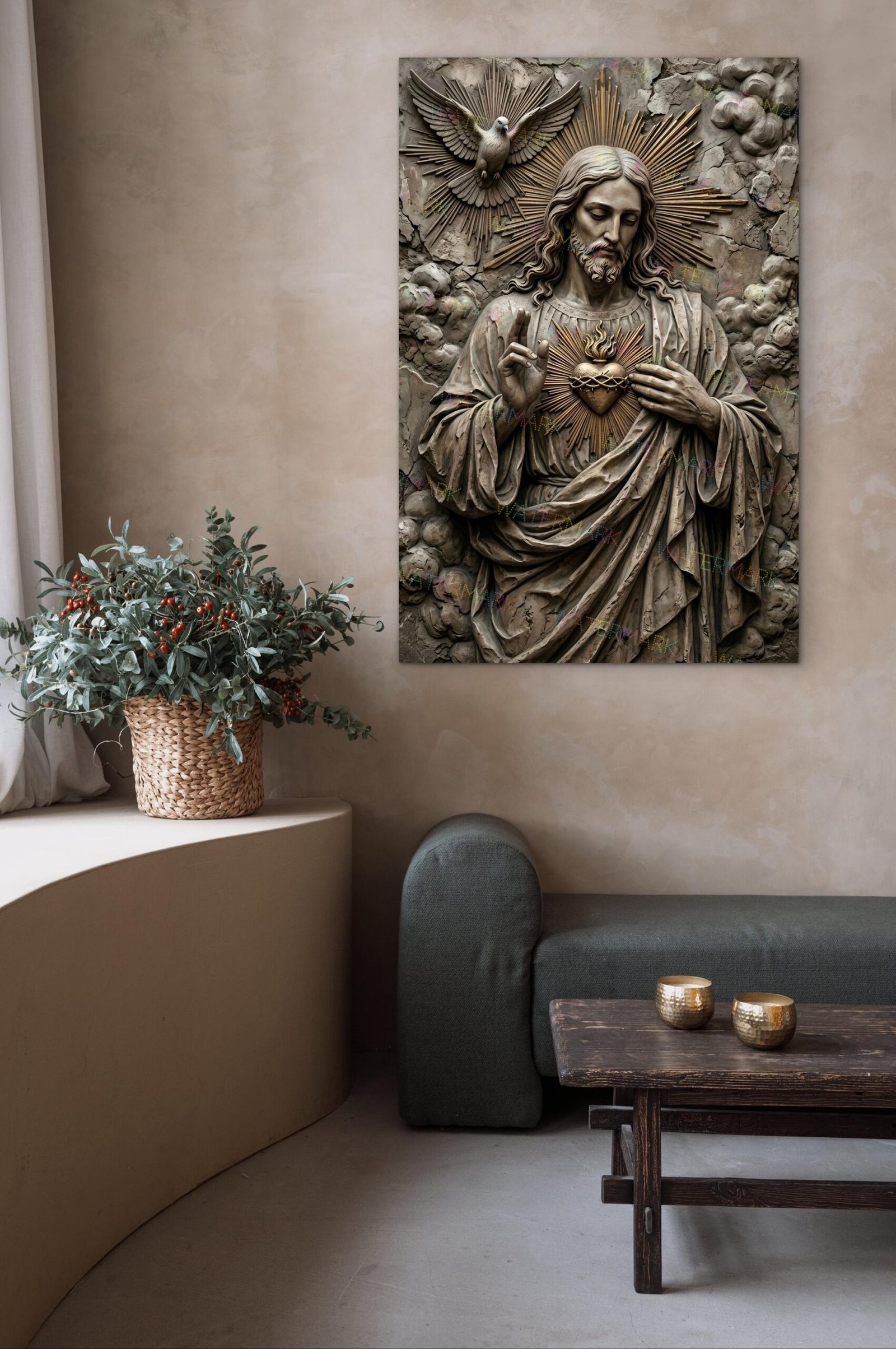 Sacred Heart of Jesus Canvas | Stone Statue Style Catholic Art - Image 7