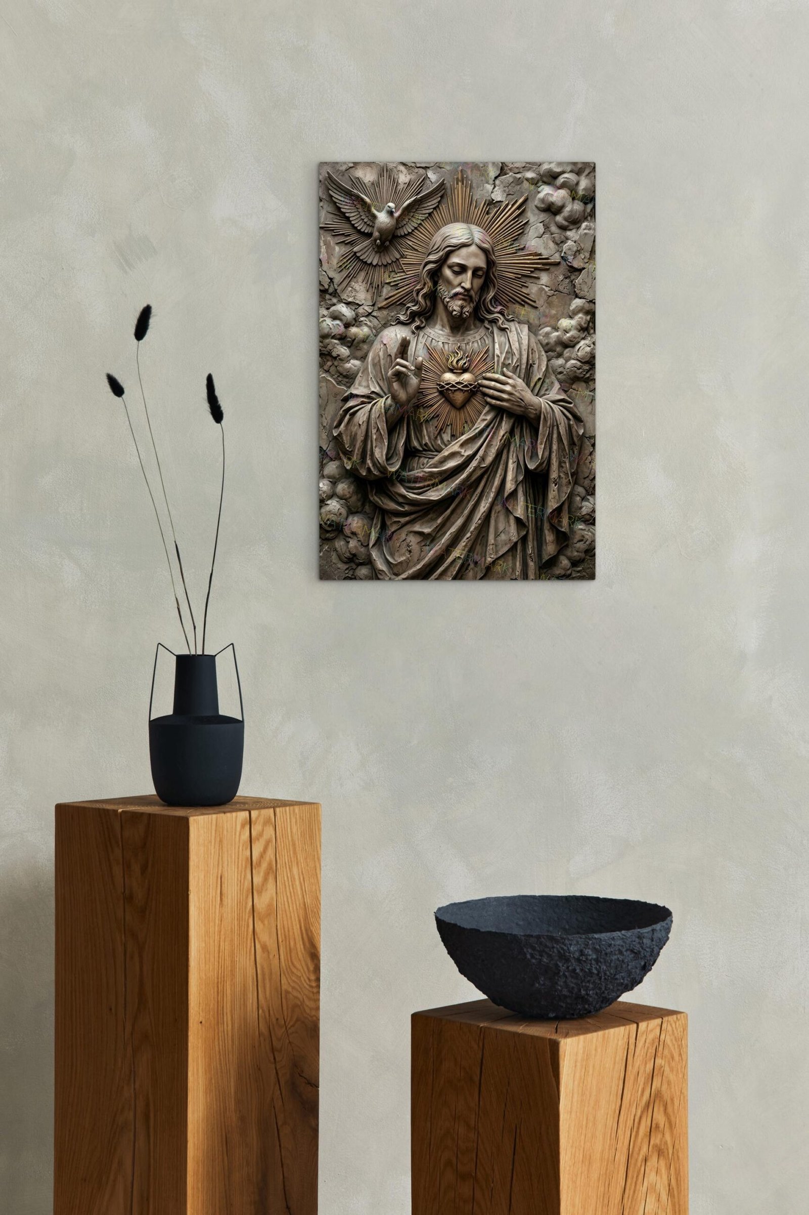 Sacred Heart of Jesus Canvas | Stone Statue Style Catholic Art - Image 6