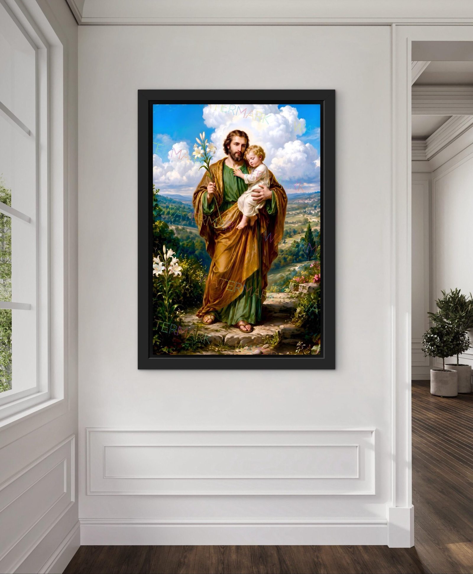 St. Joseph Holding Baby Jesus | Black Framed Catholic Canvas Art