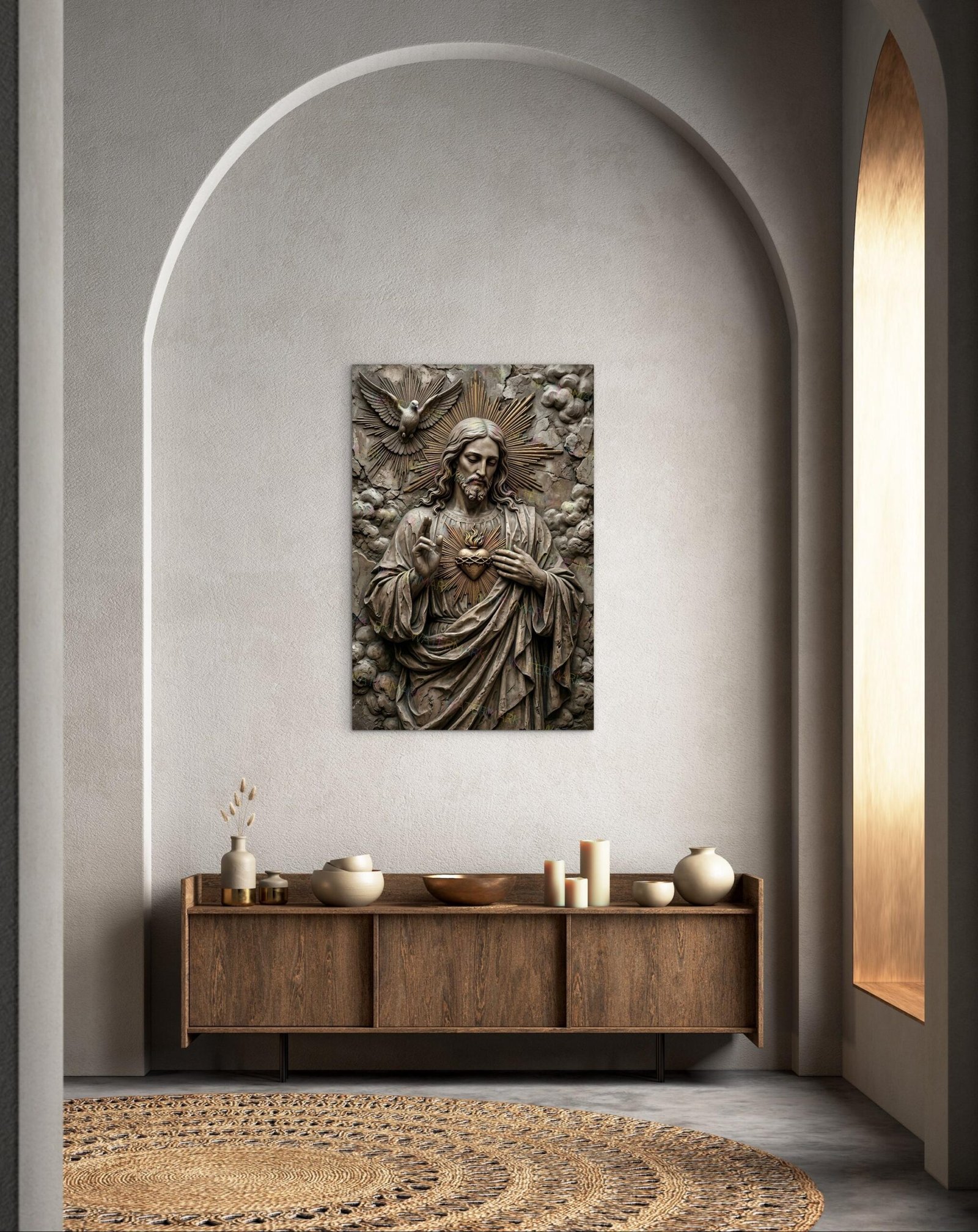 Sacred Heart of Jesus Canvas | Stone Statue Style Catholic Art - Image 4
