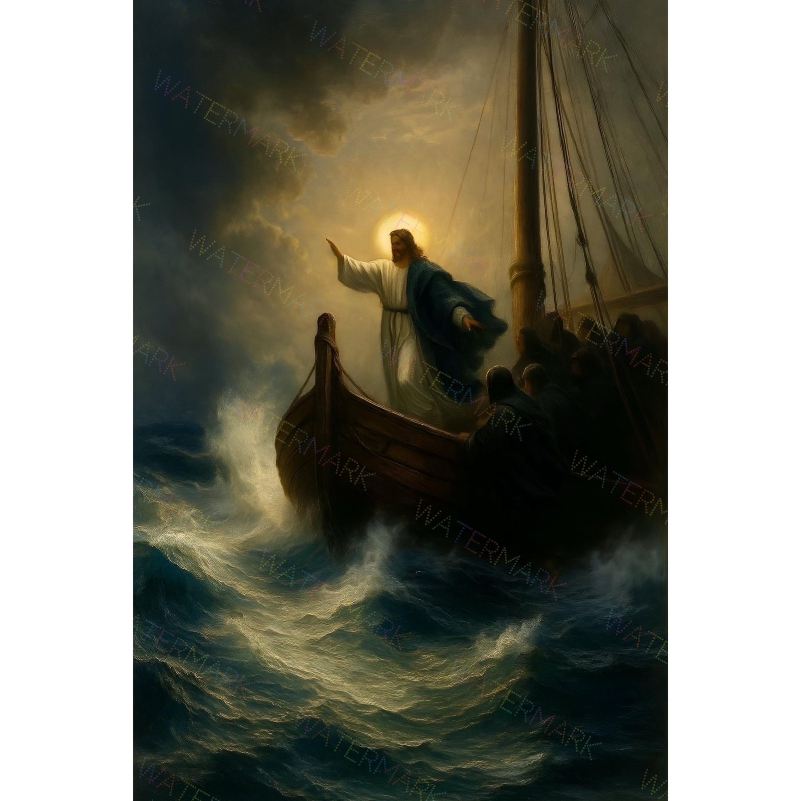Jesus Calming the Seas Canvas | Christ Calms the Storm Painting | Biblical Wall Art | Christian Home Decor | Inspirational Jesus Artwork
