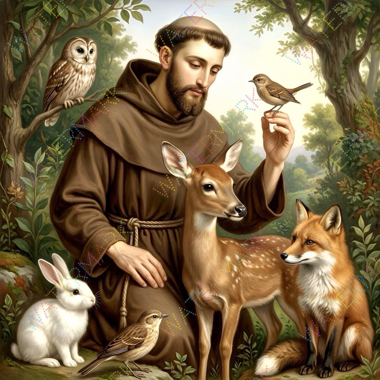 St Francis with Animals Canvas, Patron Saint Nature Catholic Wall Art