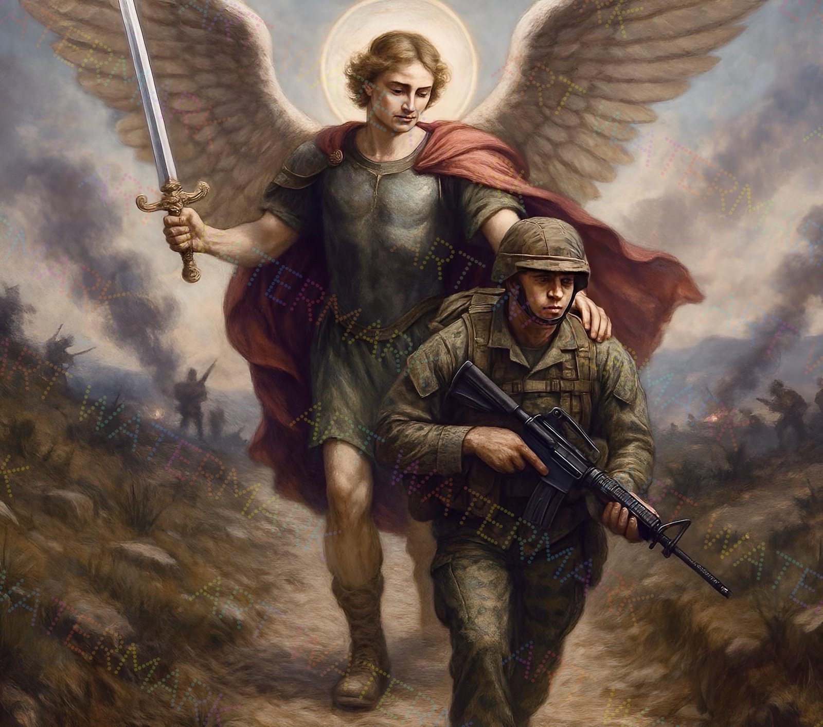 Saint Michael Canvas Print: Guardian Angel Protecting Soldier