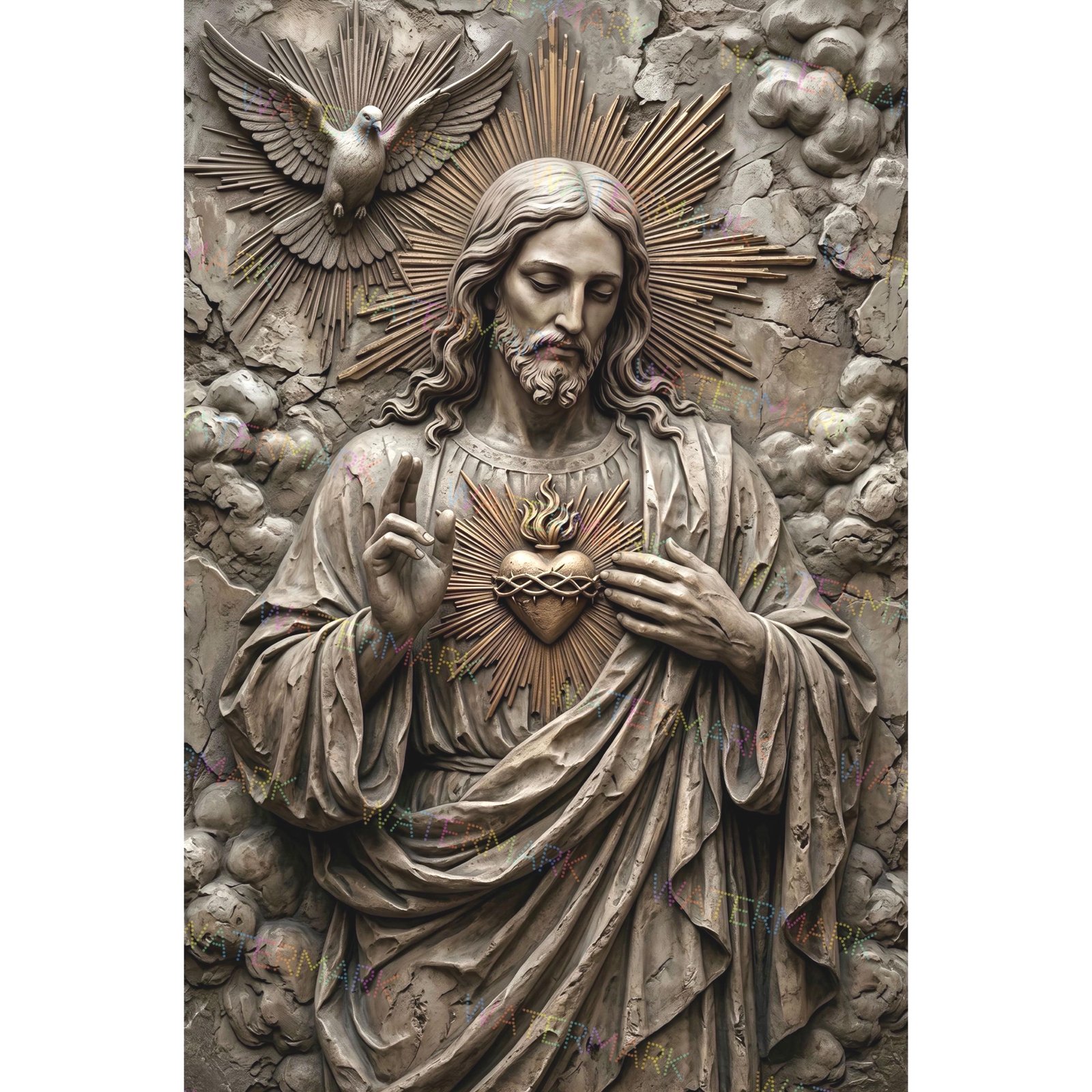 Sacred Heart of Jesus Canvas | Stone Statue Style Catholic Art