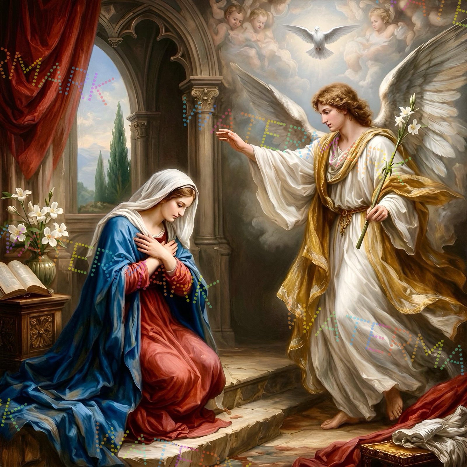Annunciation Catholic Wall Art, Virgin Mary & Gabriel Canvas, Marian Decor