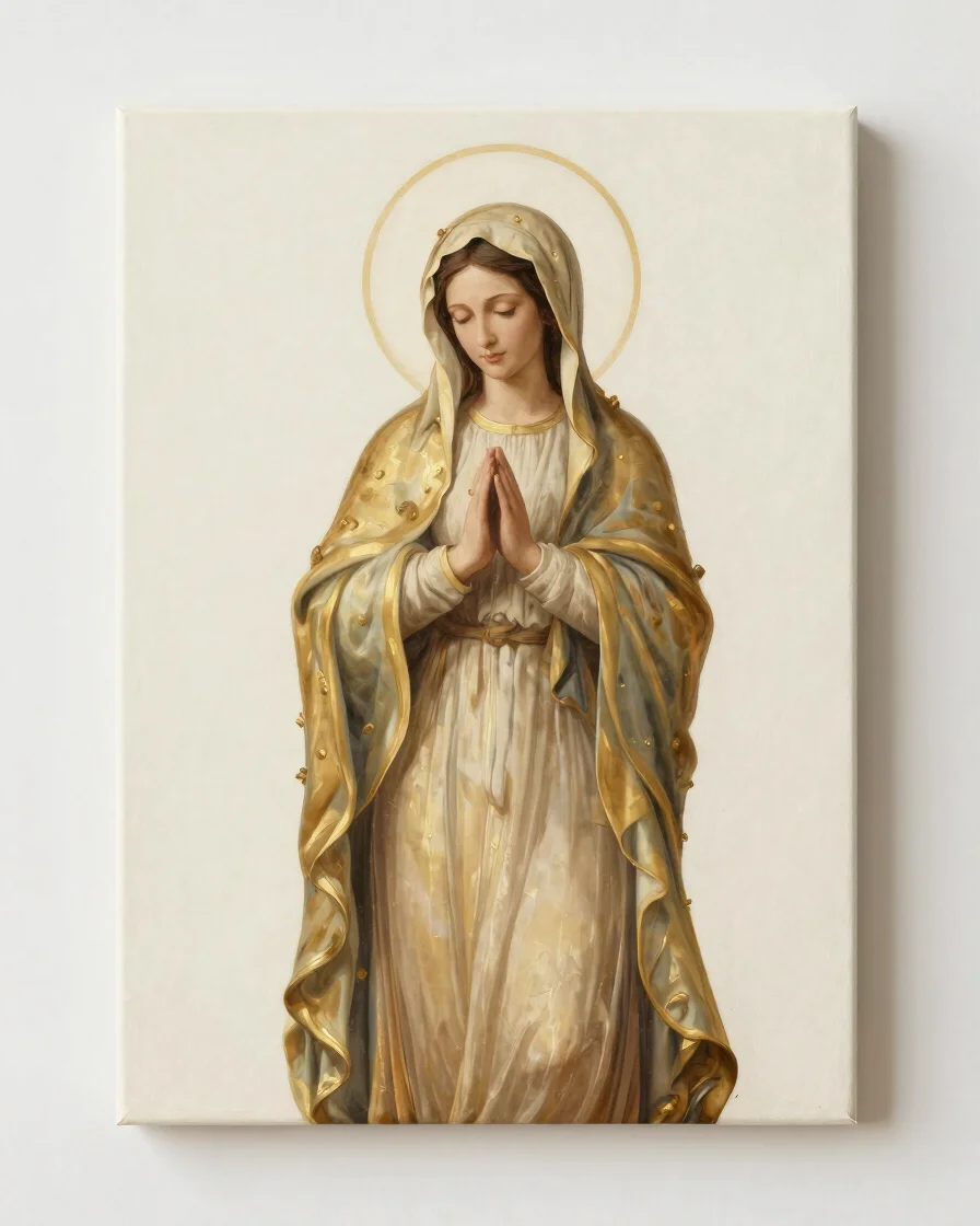 Straight-on view of a devotional painting of the Virgin Mary in s