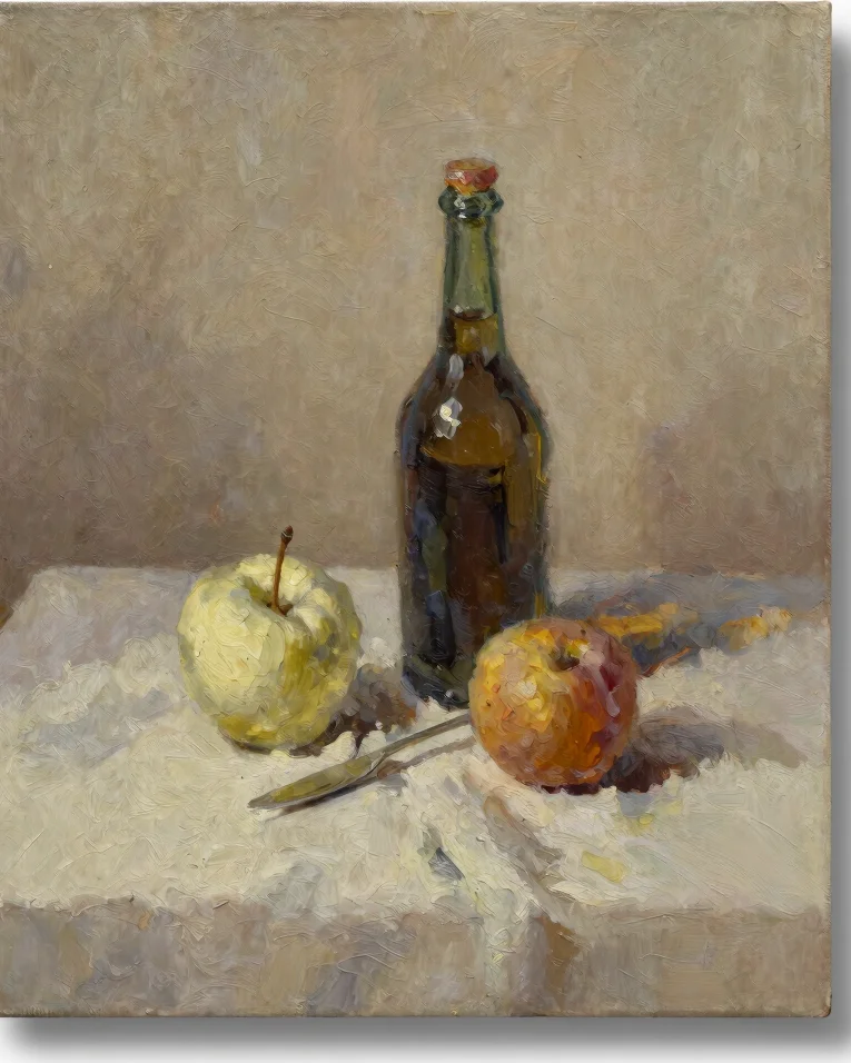 Straight-on view of a traditional fine art oil painting of a stil