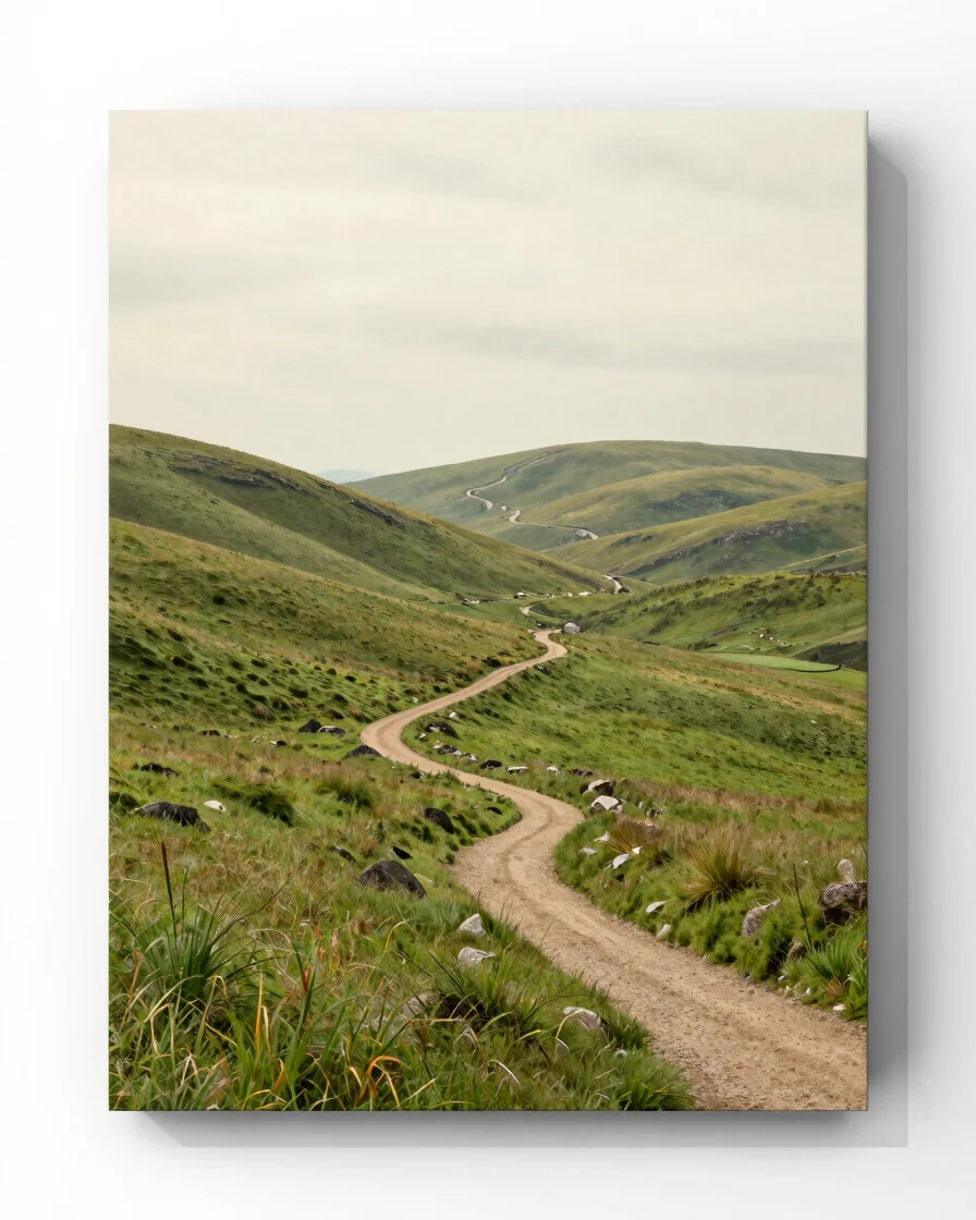 Straight-on view of a peaceful nature landscape print with a wind
