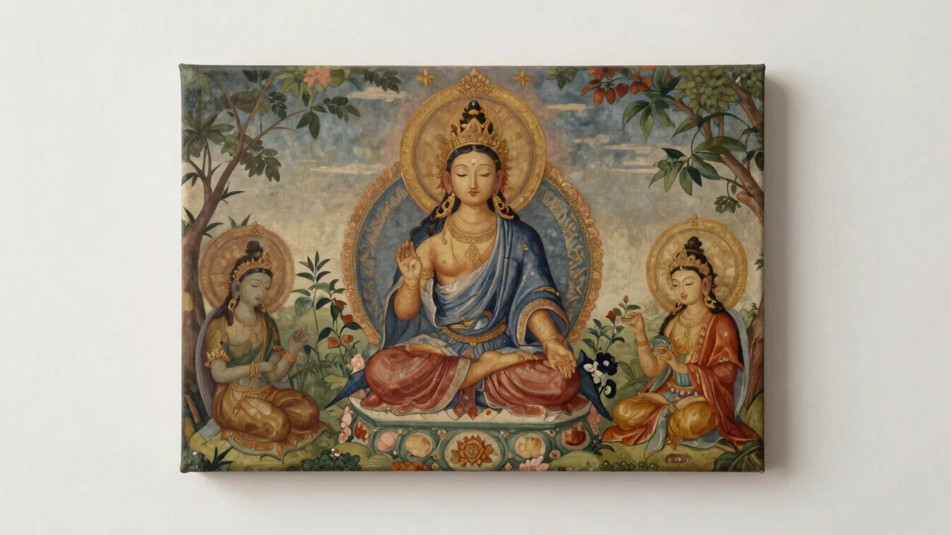 Straight-on view of an archival stretched canvas print of a sacred painting, soft diffused daylight, warm white backdrop