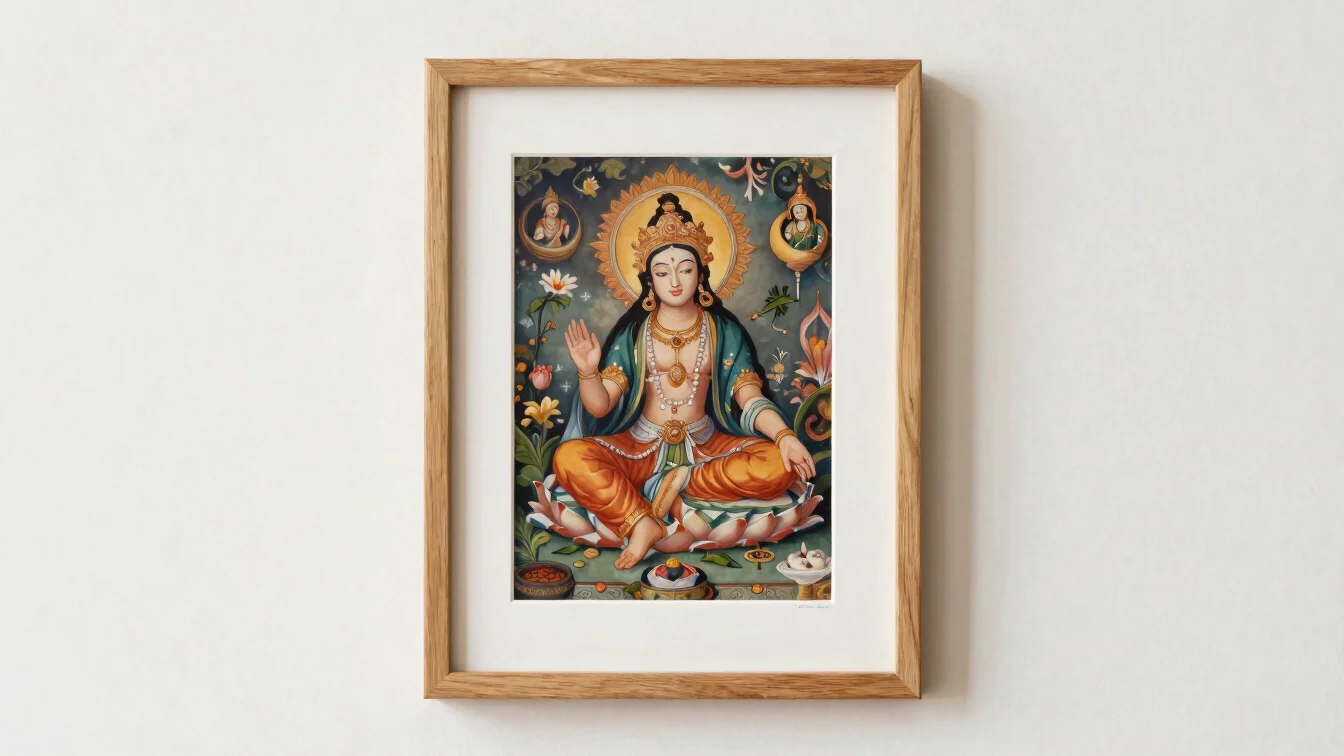 Straight-on view of a framed paper print of a devotional painting in a simple wood frame, soft diffused daylight, warm w