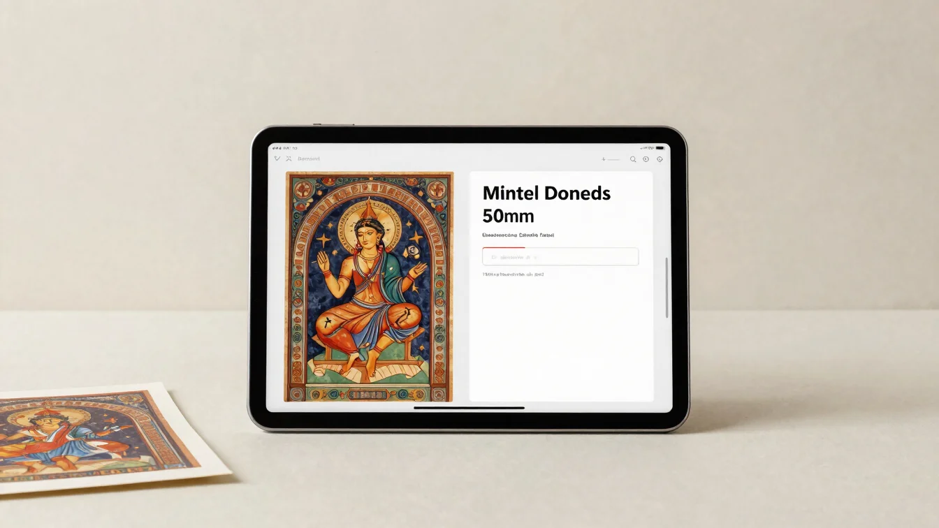 Straight-on view of a digital download file displayed on a tablet beside a printed sacred artwork, soft neutral studio l