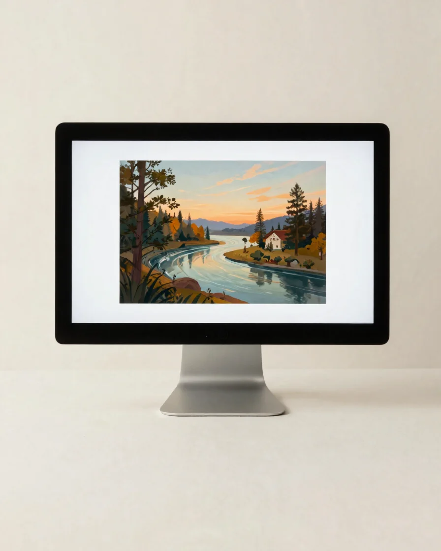 Editorial studio photograph of a high-resolution art scan on a calibrated monitor beside a soft neutral backdrop, soft d