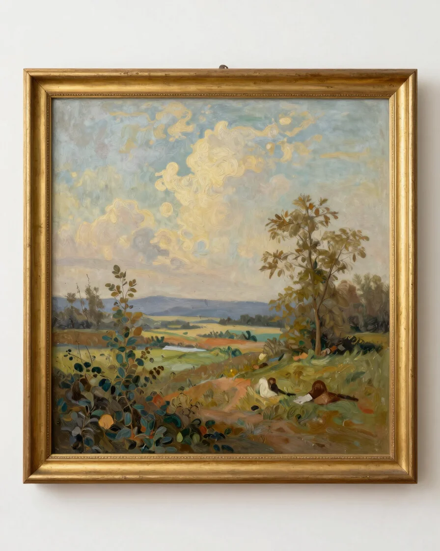 Large straight-on studio view of a traditional oil painting of a