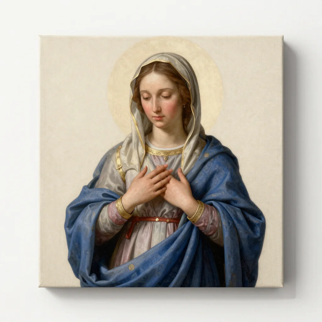Straight-on view of a classical painting of the Virgin Mary in bl