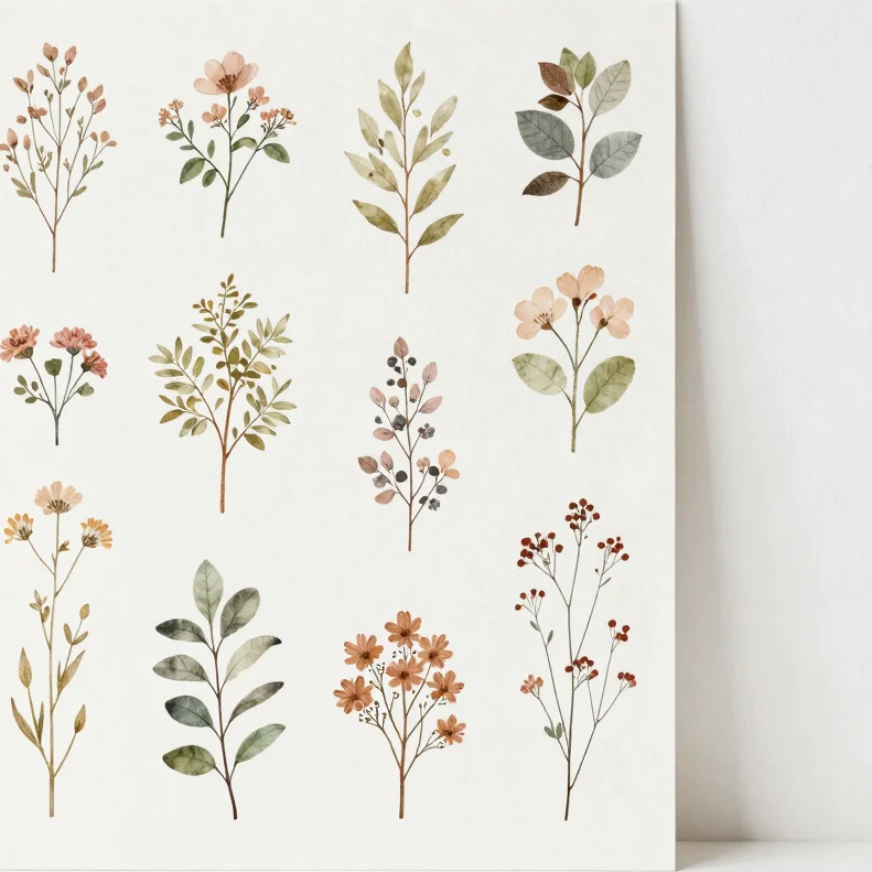 Editorial product photograph of a printable nature study with soft botanical detail on a warm white backdrop, soft diffu