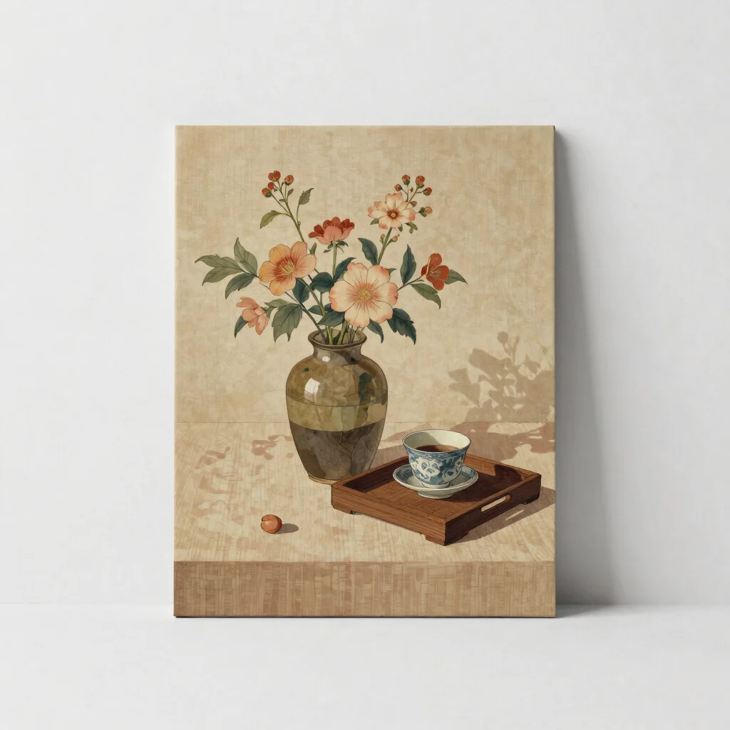 Editorial product photograph of a printable traditional fine art still life on a warm white backdrop, soft diffused stud