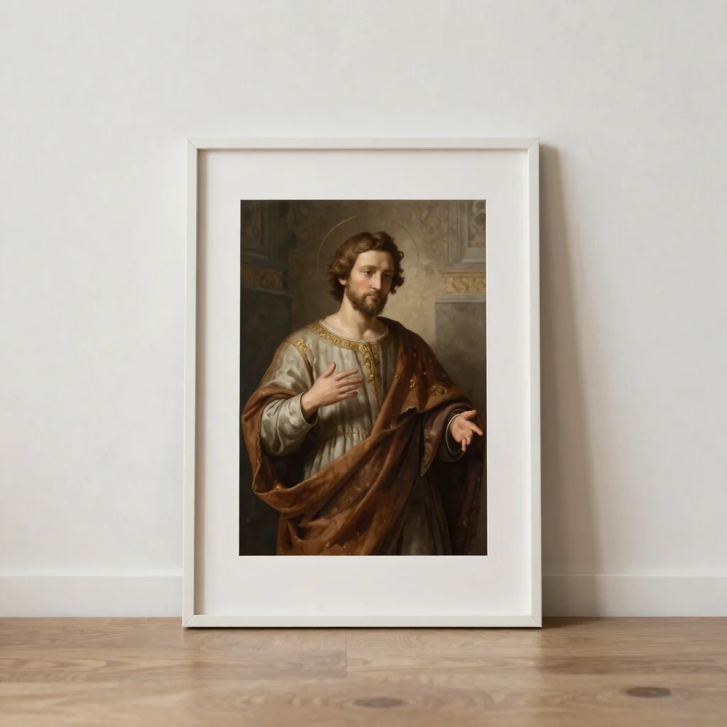 Straight-on view of a classical painting of a patron saint in a q