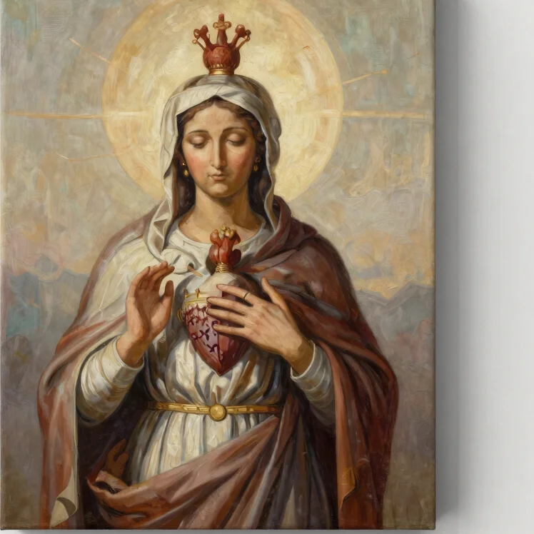 Straight-on view of a devotional painting of the Sacred Heart, so