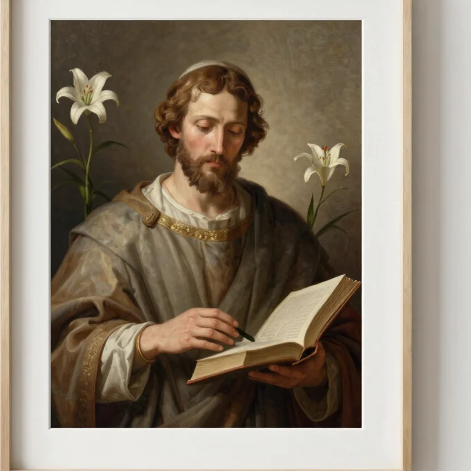 Straight-on view of a classical painting of a saint with a book a