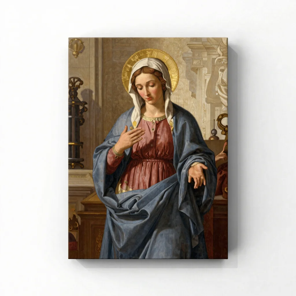 Straight-on view of a devotional painting of the Annunciation, so
