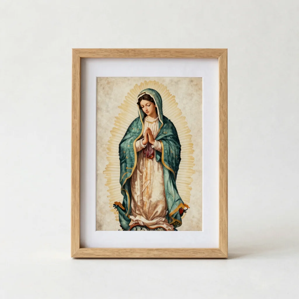 Editorial product photograph of a printable devotional artwork of the Virgin Mary framed flat on a warm white backdrop,