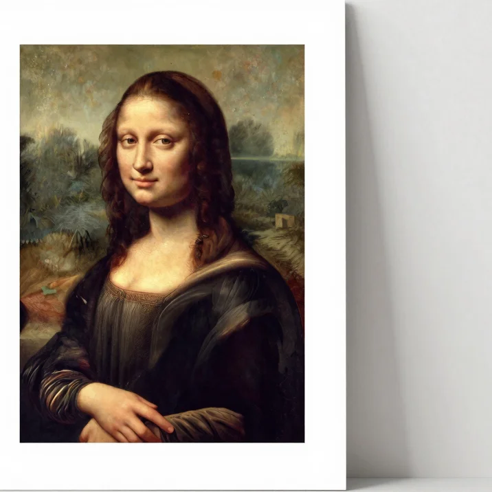 Editorial product photograph of a printable classical portrait painting on a warm white backdrop, soft diffused studio d