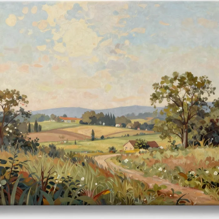 Editorial product photograph of a printable landscape painting with a quiet countryside scene on a warm white backdrop,